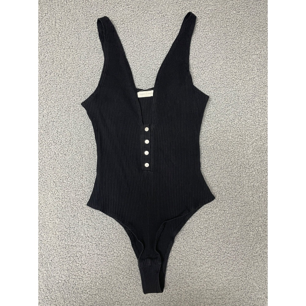 Makers Of Dreams black Ribbed Bodysuit Gold Snap Buttons Deep v‎ Front